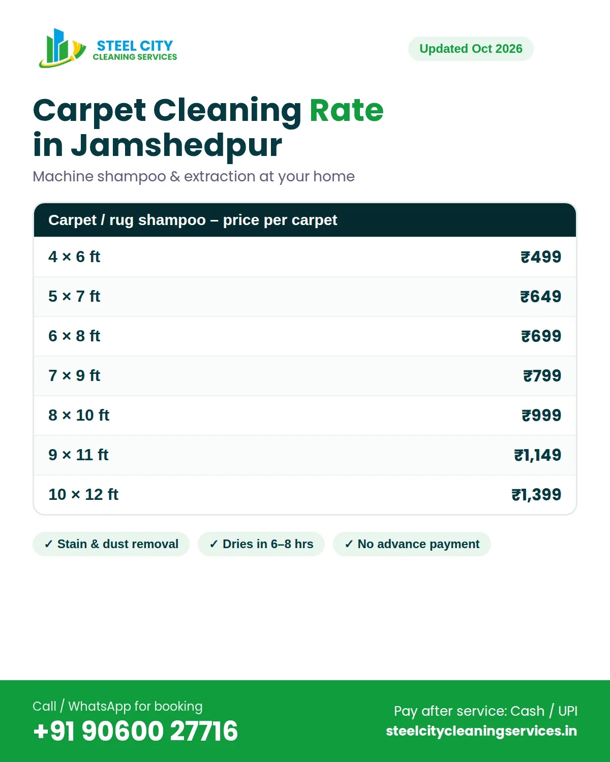 Carpet cleaning rate in Jamshedpur 2026 – price by carpet size